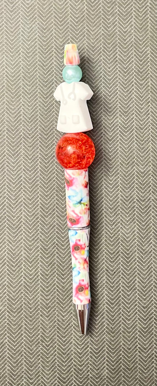 White Scrub Top - Floral Pen