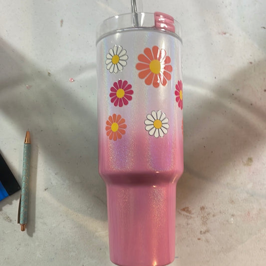 40oz Stanley Dupe - Holographic Pink Ombre Tumbler with Flower Decal